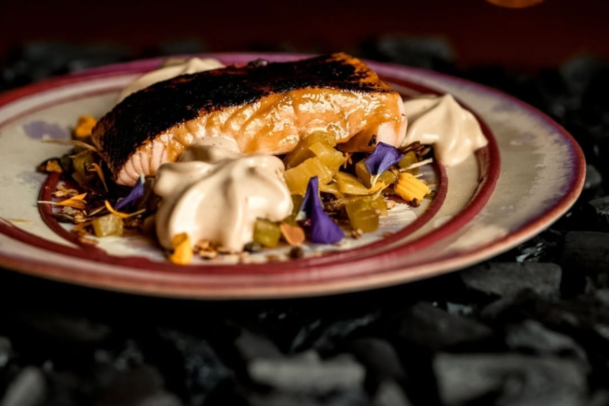A delicious seared salmon dish served at Kol Restaurant in Reykjavik, accompanied by various vegetables and a light-colored sauce.