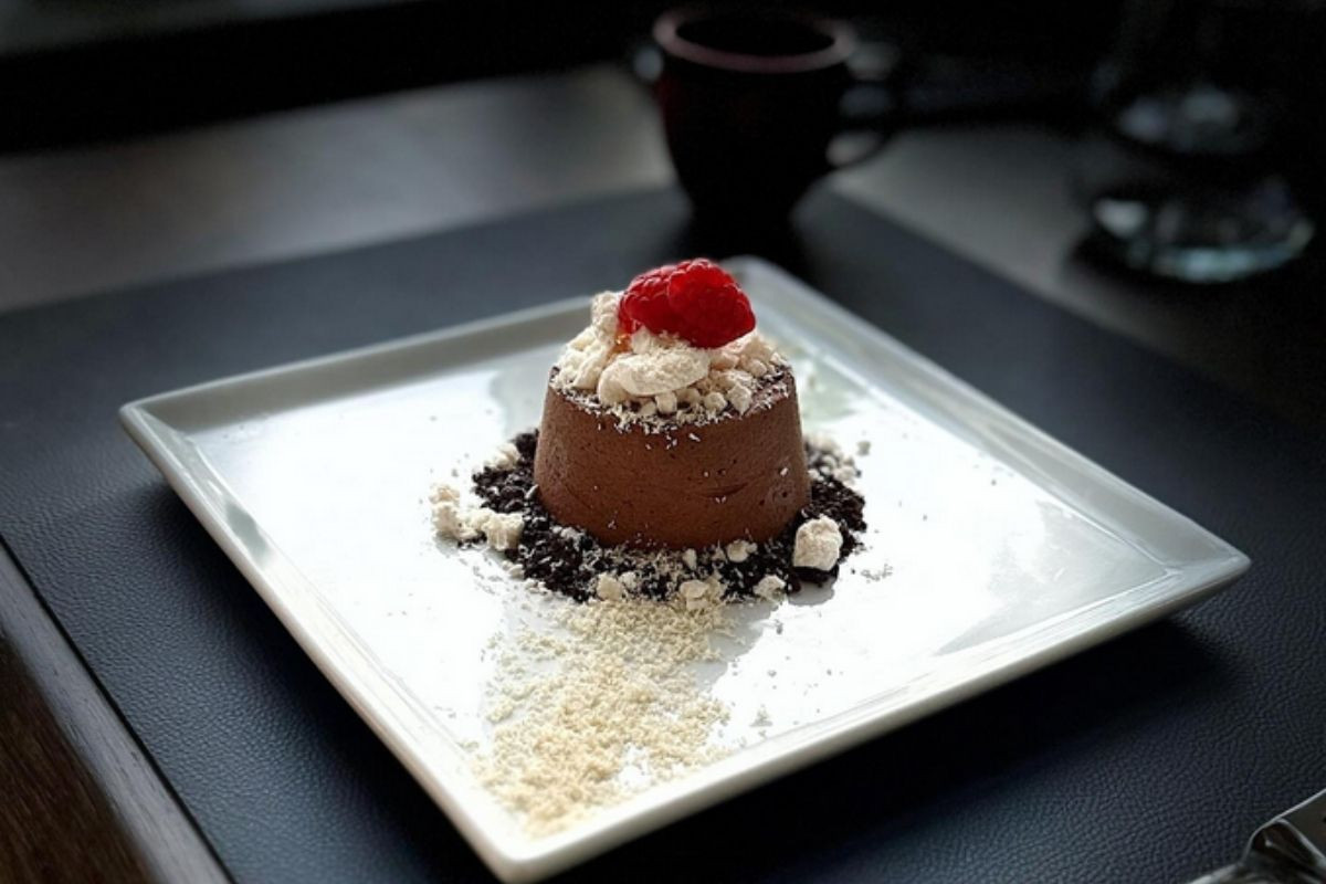 A decadent chocolate mousse dessert topped with whipped cream and a fresh raspberry, served on a white plate at Torfan Restaurant in Reykjavik.