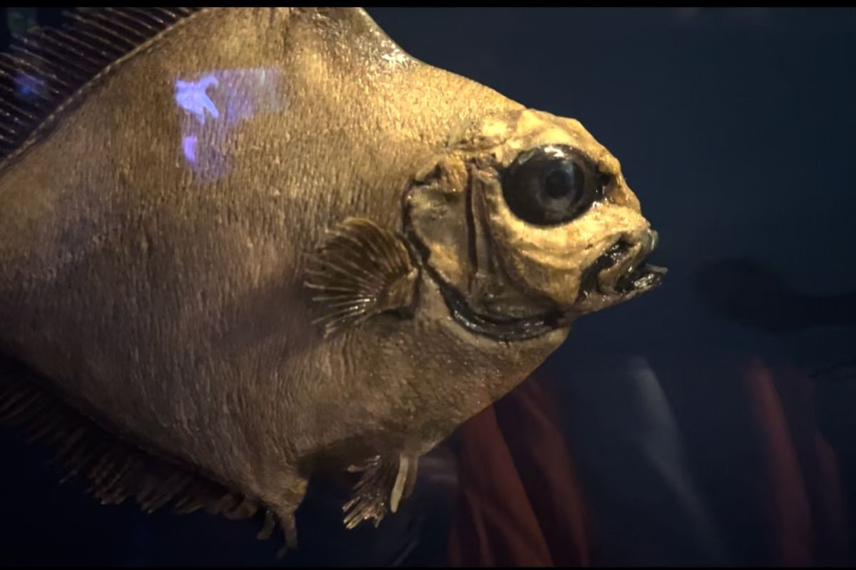 A close-up of a deep-sea fish exhibit at the Beluga Whale Sanctuary, showing a flat, light brown fish with large, dark eyes and prominent fins, illuminated by a blue light from above.