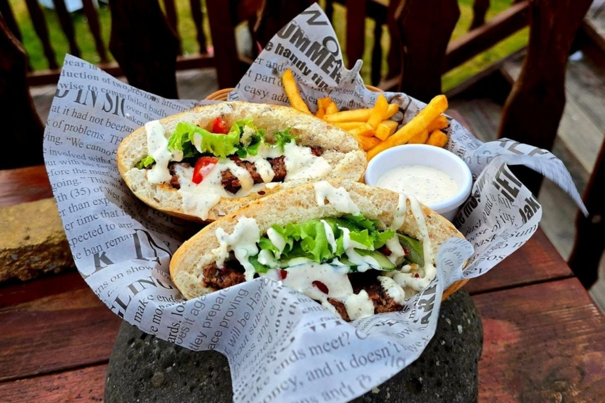 Kebab sandwiches with fries and dipping sauce