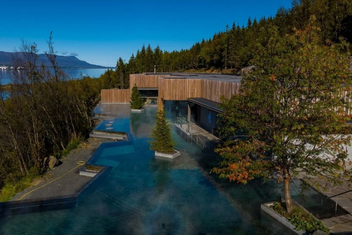 The Forest Lagoon with its warm pools nestled in a forest overlooking water and mountains.