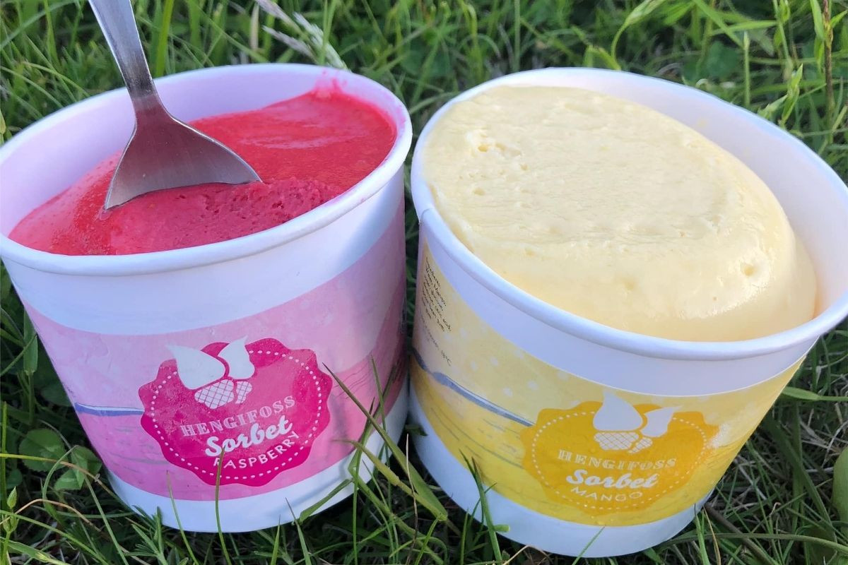 Raspberry and mango sorbet cups.