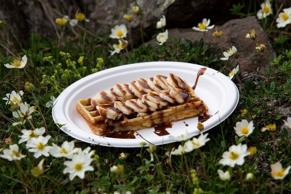 Waffle with banana and chocolate in grass.