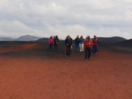 A group of hikers in colorful outdoor gear walking across a vast, reddish-brown volcanic landscape under a cloudy sky, showcasing a hiking tour in the Lake Myvatn area of Iceland.