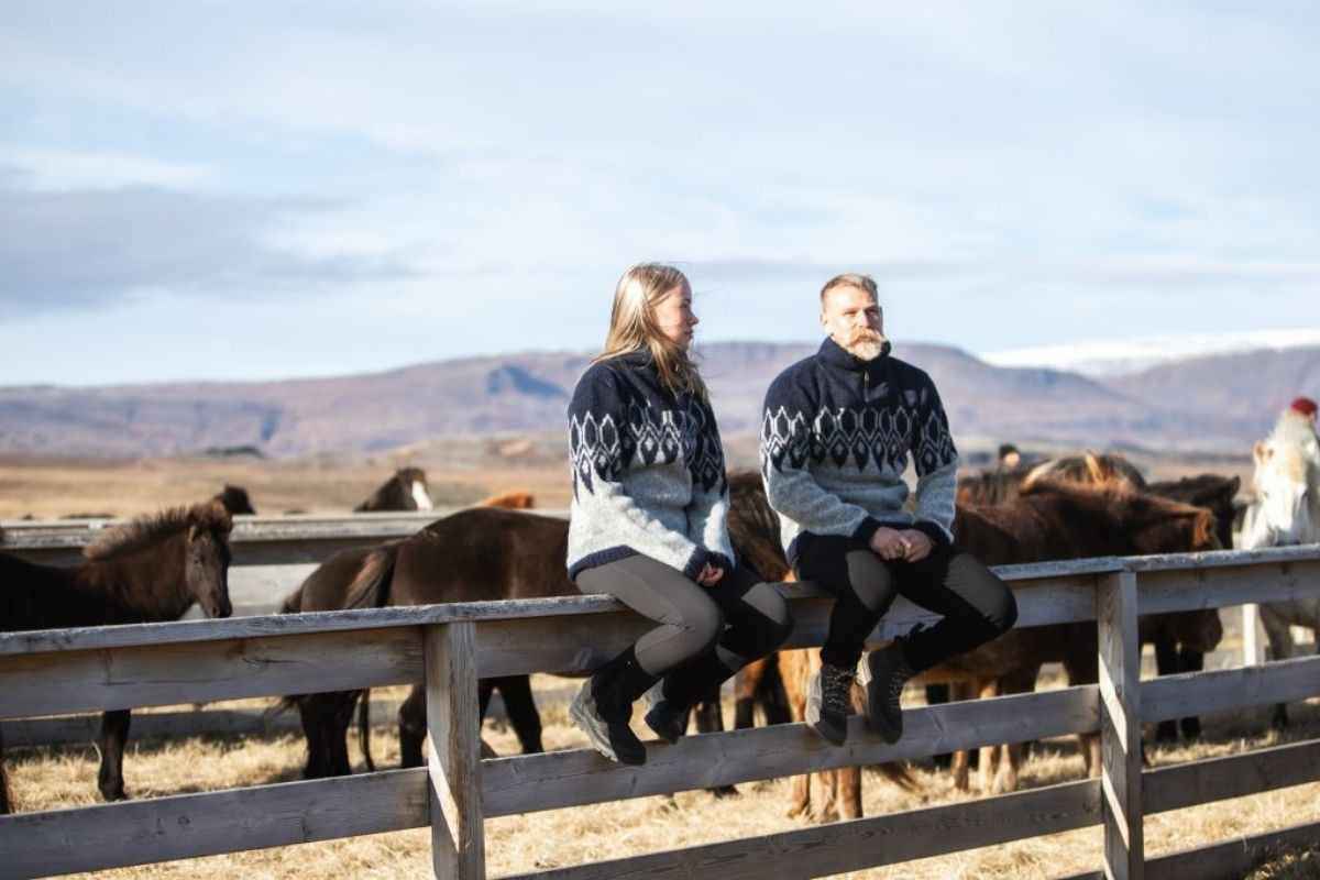 A man and a woman wearing Kidka knit sweaters, sitting on a wooden fence with Icelandic horses in the background.