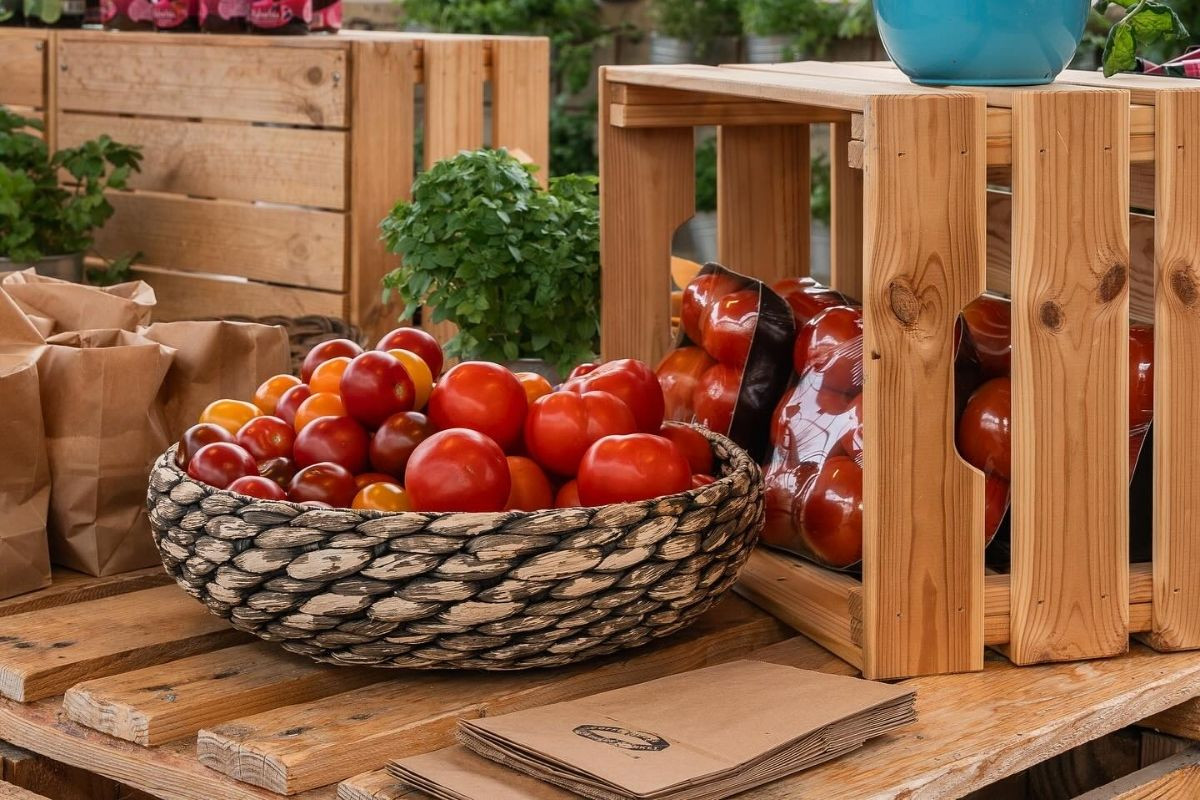 A display of ripe red and orange tomatoes in a woven basket and wooden crates at Sólskinsbúðin Farmers Market, with brown paper bags for customers.