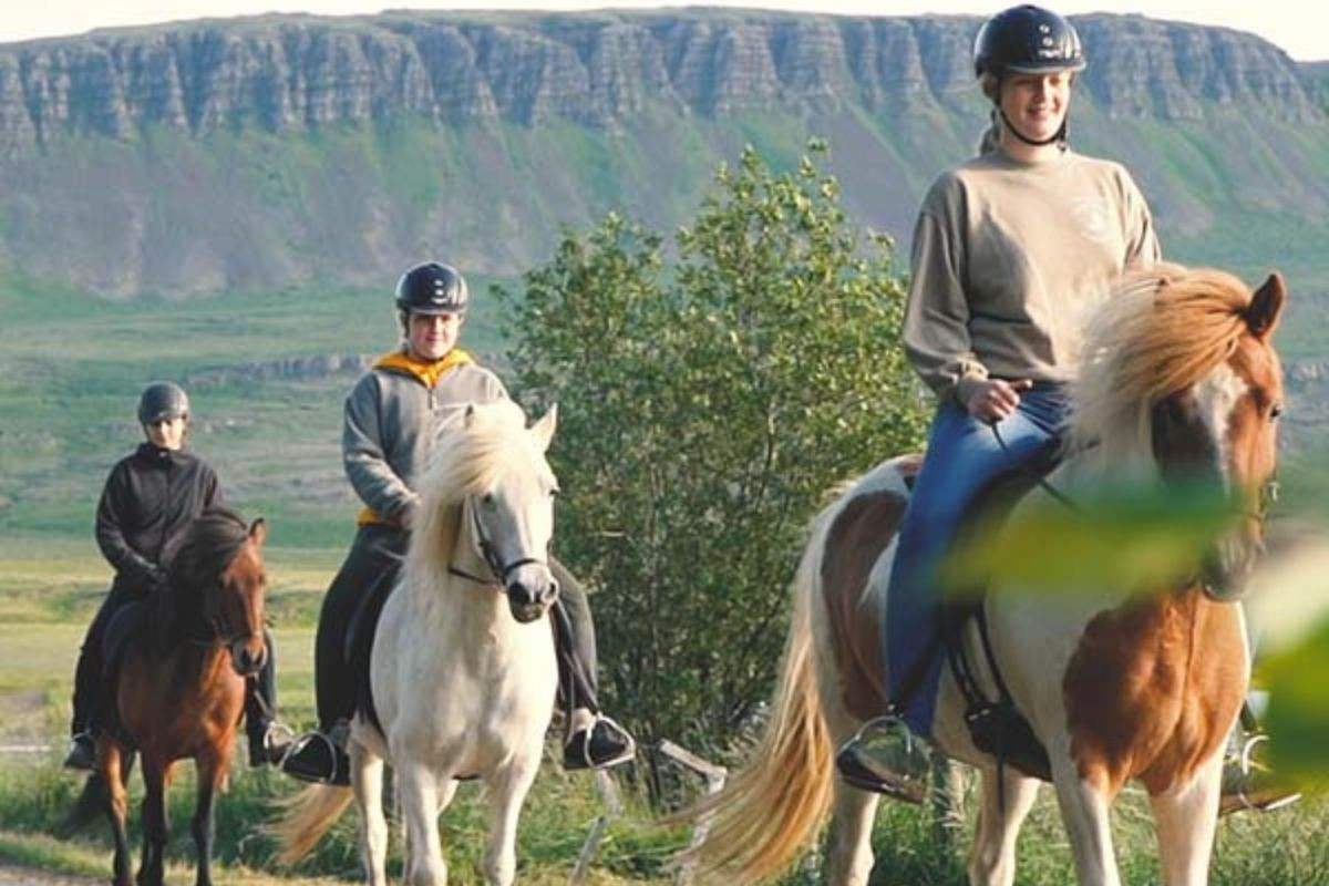 Three people riding Icelandic horses on a sunny day at Sturlureykir Horse Farm, with a green, mountainous backdrop.
